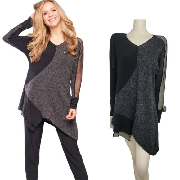 Sympli Tops - Sympli Tangent Tunic Sweater Mixed Media Lagenlook Hem Mesh Sleeve Knit Top 6-8
